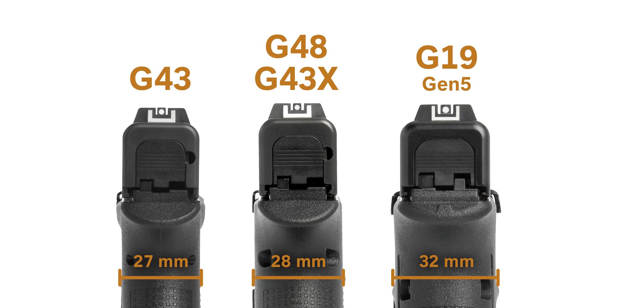 Backside size of G43, G48, G43X and G19 Gen5.